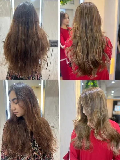 This before and after collage shows a transformation to a soft, illuminated bronde, also known as milk tea brown. We took her hair from frizzy and undefined to smooth, light, and perfectly styled.