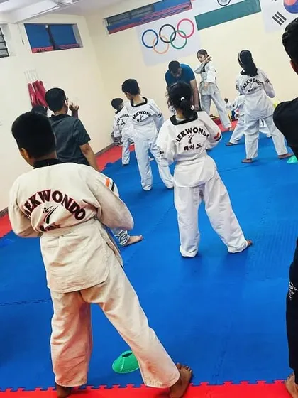 A group of students practicing their stances and blocks. This is a fundamental part of learning the defensive side of Taekwondo.