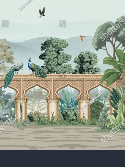 A preview of a custom mural design featuring a royal Indian garden with peacocks and elephants. I can source and customize high-resolution images like this from Shutterstock for your project.