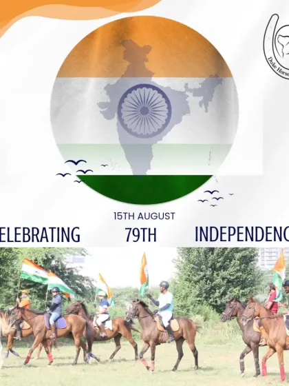 Riders line up holding the Indian flag during our Independence Day celebration ride, a proud and patriotic event.