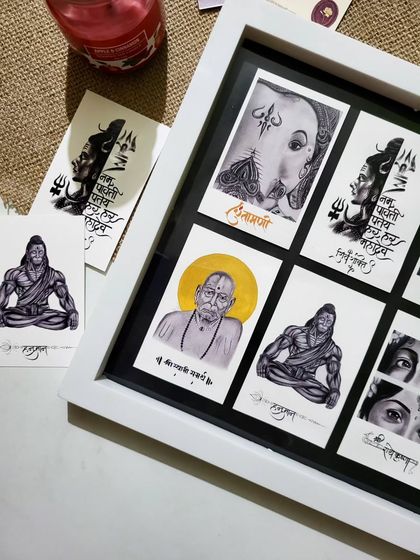 A glimpse of my 2025 art collection, framed and ready. This shows how my postcard-sized sketches of various deities can be displayed together as a beautiful piece of home decor.