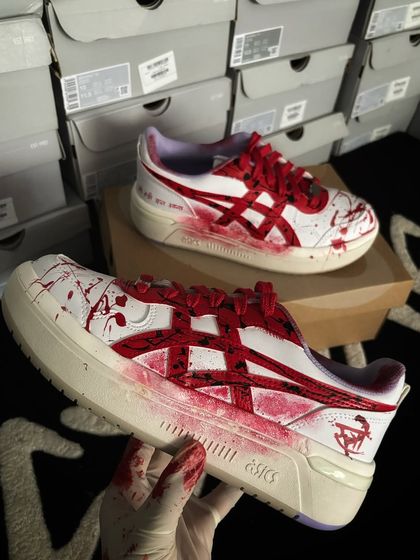 A close-up of the custom ASICS sneakers made for the "Stree 2" success party.