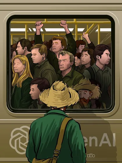 This illustration serves as a commentary on the rise of AI in creative fields. Vincent stands outside a train labeled "OpenAI," unable to find a place among the generated figures inside, choosing instead to walk through the natural world.