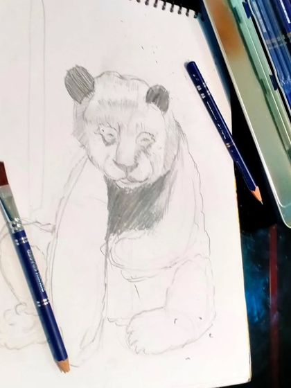 Pencil sketching helps develop an eye for detail and shading. This sketch of a panda shows the kind of focused, gentle artwork we practice in our creative classes.
