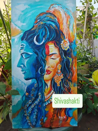 This piece, 'Shivashakti', represents the divine union of masculine and feminine energies. I used vibrant acrylics on a vertical canvas to capture the powerful yet harmonious connection between Shiva and Parvati, making it a statement piece for any space that values spiritual depth and color.