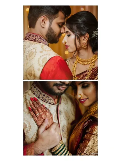 Two intimate portraits of Shivani and Amey. The focus is on their close connection, highlighting the beautiful details of their traditional attire and the warmth between them.