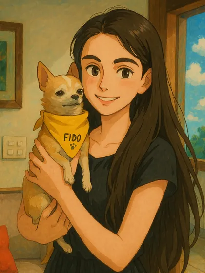 This is an illustration of me and my beloved chihuahua, Fido. He was one of the inspirations behind my Barkery, always my first taste-tester. His memory fuels my passion for creating the highest quality, healthiest treats for all dogs.