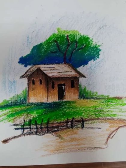 A serene landscape drawing of a hut by Anaya, a 9th standard student. She has used oil pastels on paper to create beautiful textures for the grass and tree.
