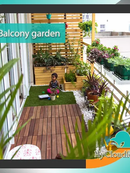 I design spaces that are safe and enjoyable for the whole family. This balcony combines soft, child-friendly artificial grass with durable wooden deck tiles, creating different zones for play and relaxation. The planters and slatted screen add greenery and privacy.