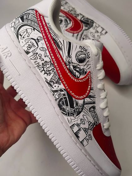 Another detail shot of the cricket doodles. You can spot references to Virat Kohli, trophies, and key match moments, making it a deeply personal pair for the client.