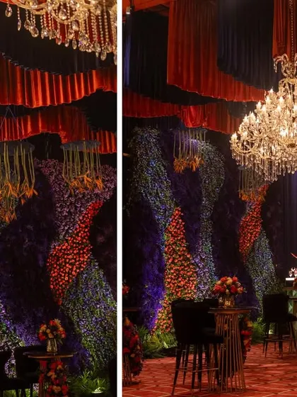 A collage showcasing the massive, multi-colored floral wall that was a major decor feature of the event.
