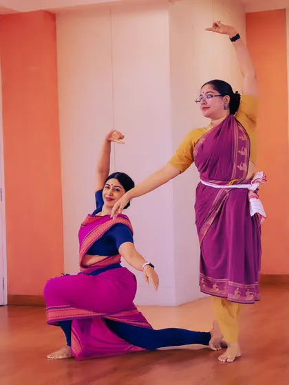 A moment from a collaborative choreography with a fellow artist, based on the works of Rabindranath Tagore. Such partnerships are a wonderful way to engage in deep artistic discussion and create work that interprets profound literary ideas through dance.