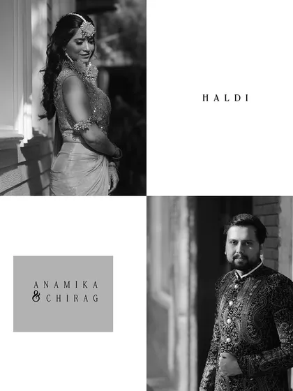 A stylish black and white collage from a Haldi ceremony. This artistic choice focuses on the expressions and silhouettes of the bride and groom, creating a timeless and elegant look.