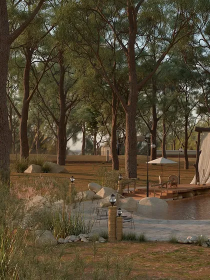 This view shows the edge of the pool where it meets the landscape. I used natural stones and native grasses to create a soft, organic transition, making the pool feel less like a construction and more like a natural body of water.