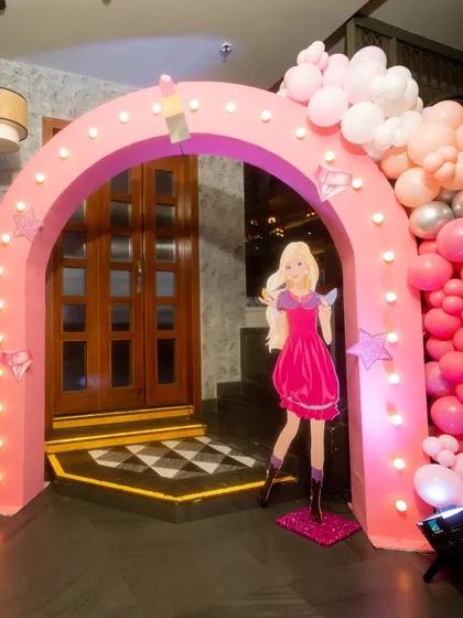 The light-up entrance arch for the Barbie party, setting a glamorous tone from the moment guests arrive.