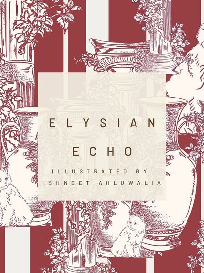 The title card for my 'Elysian Echo' collection, where fluffy white cats wander through ancient Greek ruins. This pattern blends my love for animals with a touch of historical elegance, creating a unique and sophisticated design.