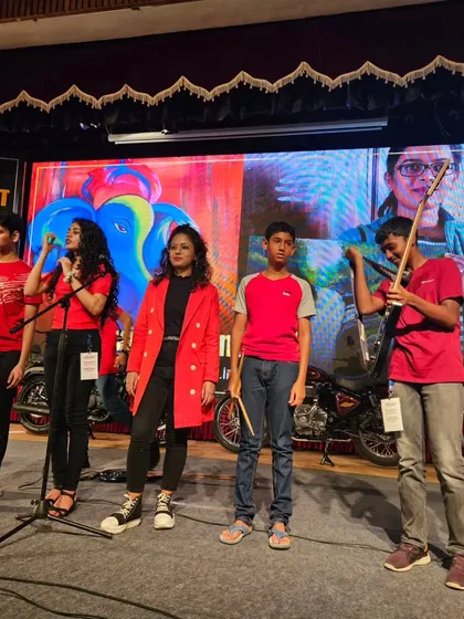 Our student band performing live at Madfit 2023, a large fitness event in Bangalore. This shows the professional-level opportunities we provide for our performers.