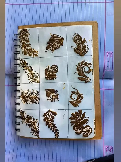 My practice book is filled with drills just like this. We work on different types of leaves and vines so you can build a visual library of elements to use in your own unique designs.