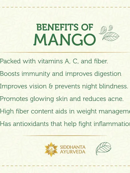 Mangoes are packed with vitamins A and C, which boost immunity and promote glowing skin. Their high fiber content also aids in digestion and weight management.