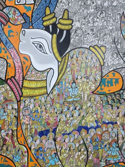 Another detailed view of the four bulls, showcasing the blend of colored and monochrome sections. This technique helps guide the viewer's eye through the complex narrative, creating a visual rhythm that mirrors the unfolding stories of the Mahapuran.