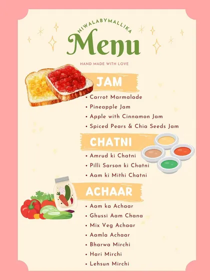 Here is a look at my current menu of handmade jams, chutneys, and achaars. I make everything in small batches with seasonal ingredients, so you always get the freshest taste. You can find everything from classic Aam ka Achaar to my special Pineapple Jam.