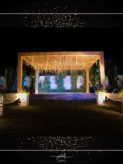 A Sangeet night is all about magic and movement. I created this enchanting atmosphere with a ceiling of glittering fairy lights and a shimmering dance floor, ensuring the couple and their guests could dance the night away under a canopy of stars.