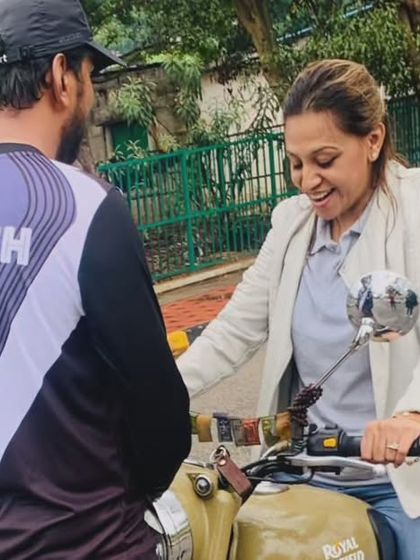 The moment of understanding. A student's smile shows her growing confidence as we discuss a riding technique. These breakthroughs are what our training is all about.