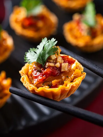 A single, perfect bite. Our Satay Chicken Phyllo Cups are flaky, saucy, and topped with fresh cilantro, offering a burst of flavour in a delicate package.