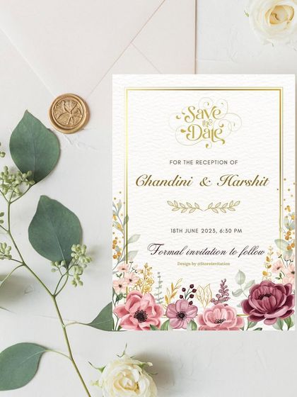The text-focused version of Chandini and Harshit's Save the Date. It maintains the elegant gold frame and romantic floral border, offering a clean and classic way to announce their special day.