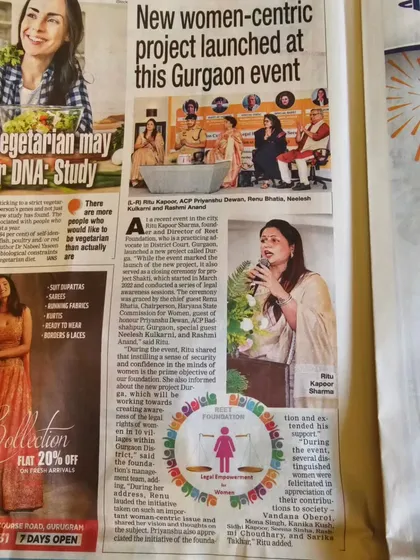 A press clipping from Gurgaon Times covering the launch of my foundation's new women-centric project. Media coverage helps us amplify our message of legal empowerment.
