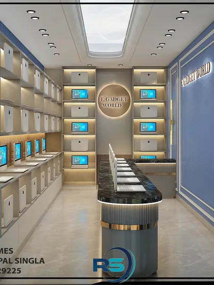 We designed this retail showroom for an electronics store. The layout features clean, well-lit display shelves and a central island to showcase products effectively and create a smooth customer flow.