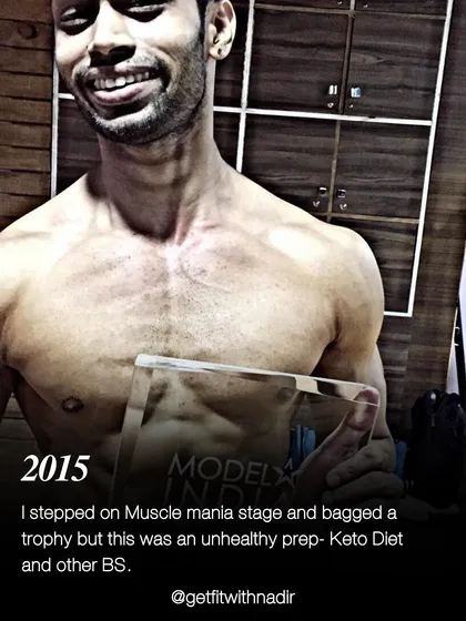 A photo from 2015 when I competed in Muscle Mania. I share that it was an unhealthy prep using a keto diet, highlighting my evolution as a coach who now prioritizes sustainable methods.