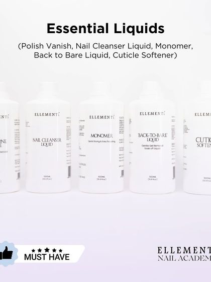 These are the essential liquids every nail tech needs. My must-have list includes Polish Vanish, Nail Cleanser, Monomer, Back to Bare Liquid, and Cuticle Softener.