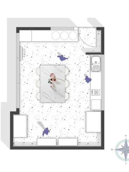 This floor plan for the baking studio illustrates my focus on creating a simple, fuss-free workflow. I broke the layout into a "work & bake" zone and a "chilling zone." The corners are dedicated to storage and services, leaving the center open for a multi-functional island counter.