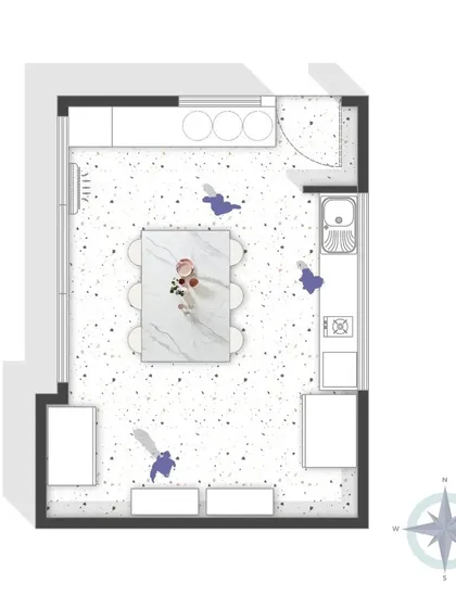 This is the floor plan for a home baking studio, designed for a clean and unrestrictive workflow. We broke the space into a 'work & bake' zone and a central 'chilling zone' for hosting classes, ensuring every square foot is used functionally.