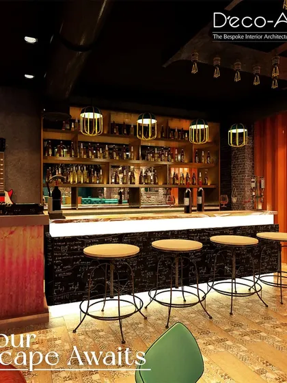The bar at Hosten is an escape into modern elegance. We combined industrial-chic elements like an exposed ceiling and caged pendant lights with a warmly lit back bar to create an inviting space for indulgence.
