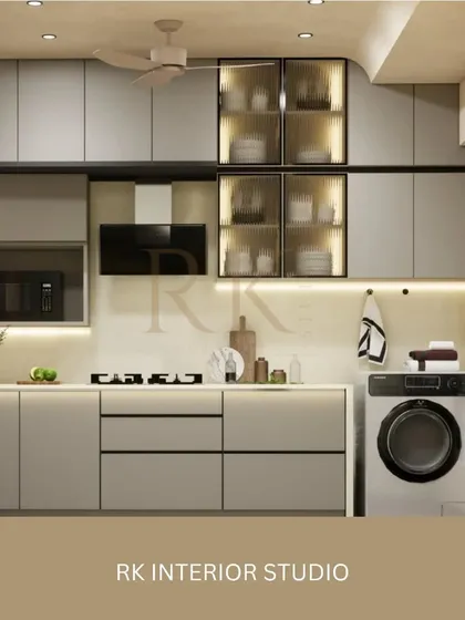 A 3D render of a compact kitchen design. It includes space for a washing machine, a built-in microwave, and glass-fronted cabinets for display, showing how to maximize functionality in a small area.