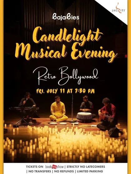 An unforgettable "Candlelight Musical Evening" at Jagriti. We host unique musical events, like this retro Bollywood night, where the stage is bathed in the warm glow of hundreds of candles, creating a truly magical atmosphere.