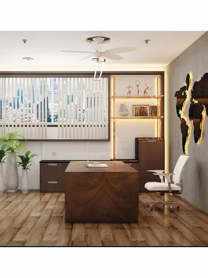 An alternate director's cabin design, featuring a chevron-patterned wood desk and built-in shelving with integrated lighting. The large window with vertical blinds allows for ample natural light control.
