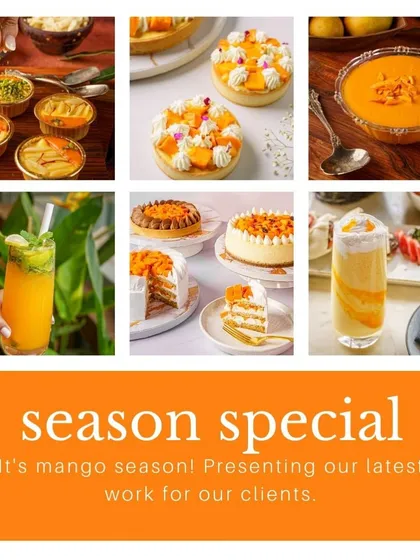 This graphic collage announces our "season special" work for mango season. It acts as a portfolio piece, showcasing the variety of mango-themed content we created for different clients.
