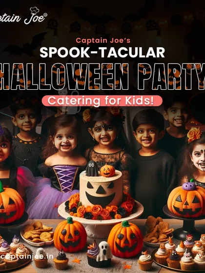 Let me make your kids' Halloween party spook-tacular. This image shows a group of happy children in costumes enjoying a themed dessert table with a pumpkin cake and spooky treats, a perfect example of my themed party catering.
