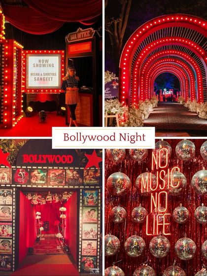**Sangeet Theme: Bollywood Night.** Roll out the red carpet with a classic Bollywood theme, featuring film posters, ticket booths, and lots of red and gold for a dramatic, cinematic Sangeet.