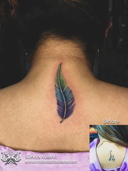Here, we covered a small, old design on the back of the neck with a beautifully blended colorful feather. The new tattoo uses rich blues and greens to draw the eye, making the old ink completely disappear.