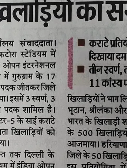 News report about 17 of our players winning medals at the India Open International Karate Competition.
