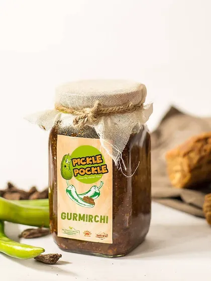 This is my granny's special Gurmirchi pickle, one of my hottest selling items. It has the perfect balance of sweet jaggery and spicy green chillies.