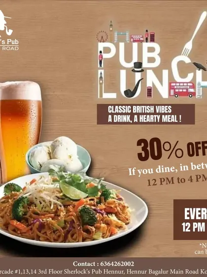 My classic pub lunch deal. Enjoy 30% off your meal when you dine with me between 12 PM and 4 PM every day.