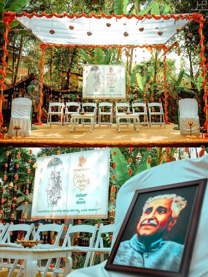 A detail shot of the ceremony setup, including a portrait honoring the philosopher behind the Mantra Mangalya concept.