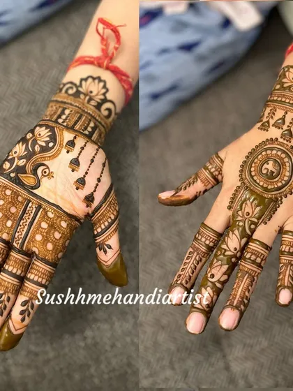 A comparison of two different peacock-themed designs. One is a more traditional back-hand design, while the other features a central mandala.
