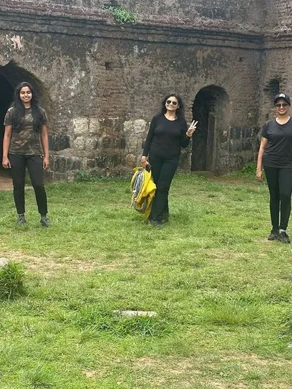Exploring the ruins at our Sakleshpura destination. Our rides are not just about the road, but also about the places we discover.