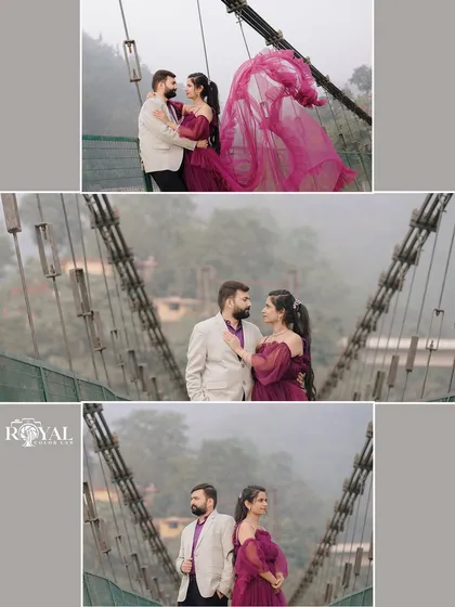 A collage capturing a couple in matching purple tones on a foggy day, creating a moody and romantic set of portraits.